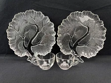 Vintage Hazel Atlas Orchard Tree of Life Snack Set 2 Frosted Plates & 2 Cups