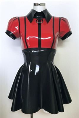 100% Latex Rubber Black Dress Cosplay Shorts Sleeve Back Zip 0.4mm S-XXL