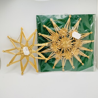 German Straw Star Ornaments 2 ea Handmade Christmas Market Snowflakes 7-8 Inch
