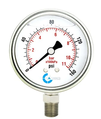 CARBO INSTRUMENTS 2" Pressure Gauge, Stainless Steel Case, Liquid Filled, Lower Mnt, 160 PSI
