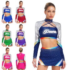 Womens Uniform Mini Dancing Crop Tops Costume Mesh Cheer Leader Festival 2 Piece