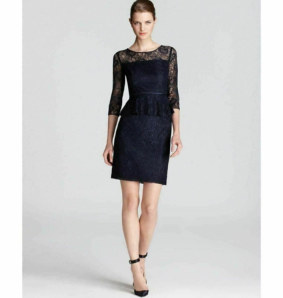 adrianna papell black peplum dress Short Sleeve Pearly Trim Peplum Stretch Sheath Dress In Black, Black / Regular / 4