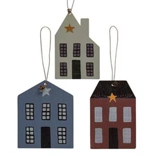 Set of 3 Wood Primitive House Ornaments Saltbox Farmhouse Rustic NEW Stars 