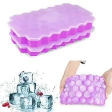 2pack Silicone Honeycomb Ice Cube Tray with Cover 37-Cell Stackable Ice Purple
