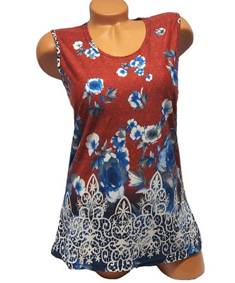Damen Shirt Tunika  Bluse Ärmellos 38 46  Sommertop Longshirt Rot Blaue Blumen