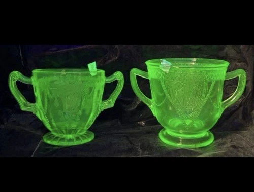 Vintage Green Uranium Glass Sugar Bowls Georgian Lovebirds 3” Federal Glass 3.5”