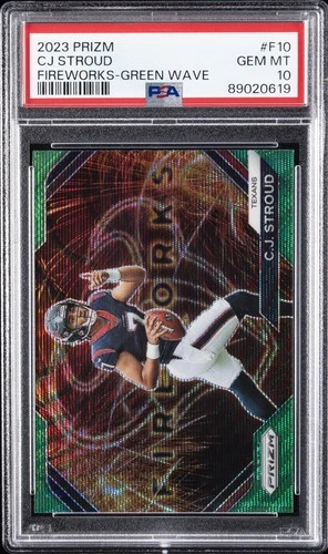 2023 PANINI PRIZM FIREWORKS GREEN WAVE #F10 CJ STROUD ROOKIE RC PSA 10
