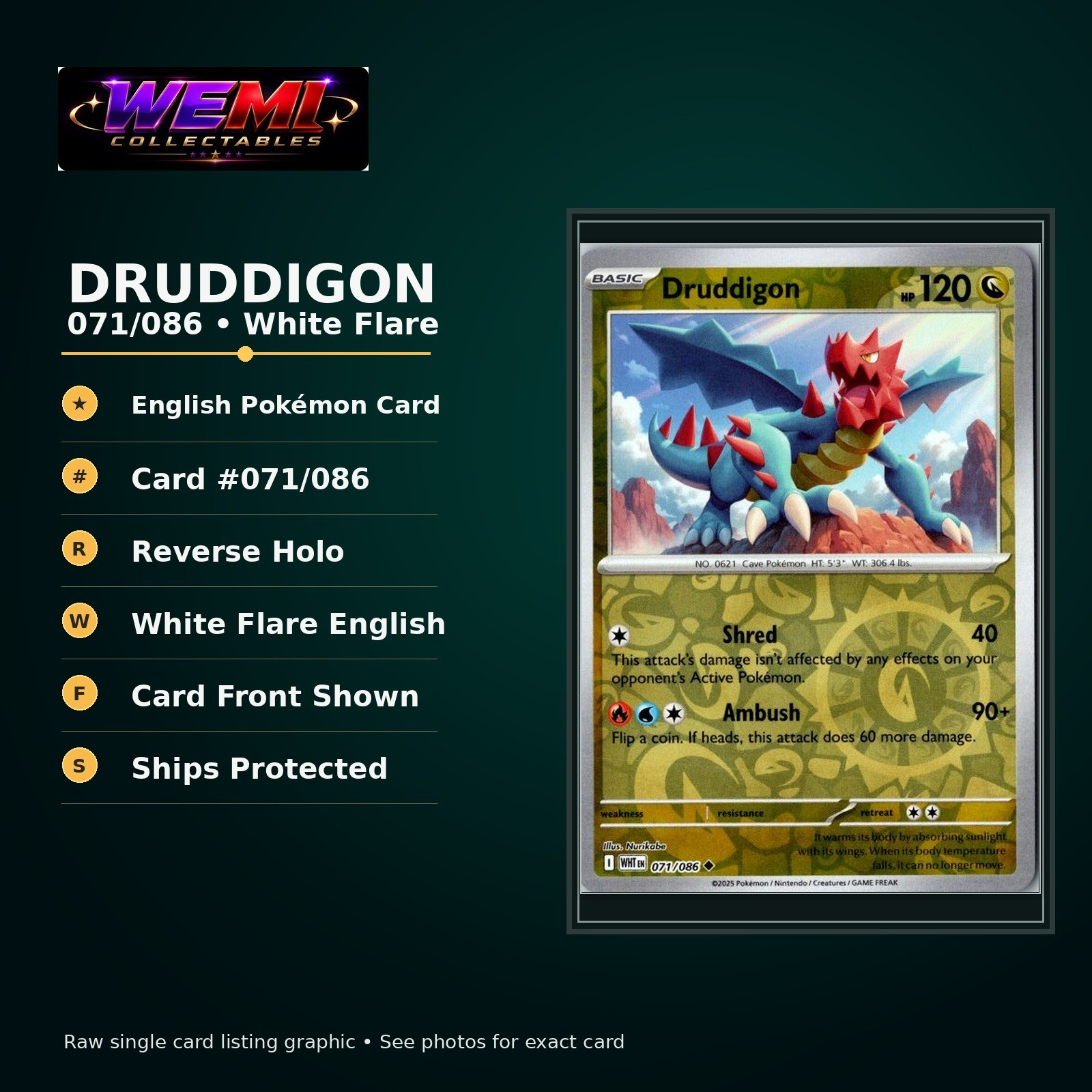 Pokemon White Flare Druddigon 071/086 Reverse Holo English TCG NM