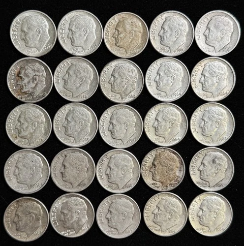 25 Silver Dimes – Good Condition - 90% Silver – 1.81 oz ASW