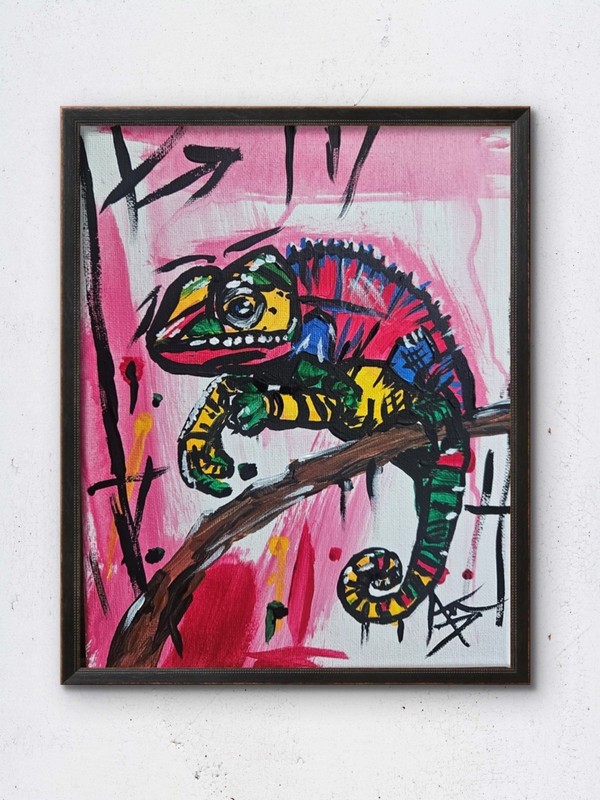 8x10 Canvas Vibrant Colorful Chameleon Original Painting Wildlife by Audra Deane