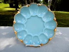 VINTAGE ANCHOR HOCKING BLUE DELPHITE GLASS DEVILED EGG PLATE DISH W/ GOLD TRIM