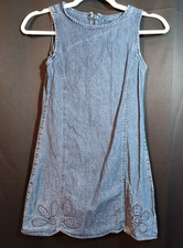Vintage Gap Girls Denim Jumper Dress Size 5 Sleeveless Blue Casual Zip Flower