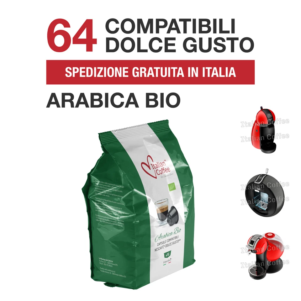 ITALIAN COFFEE 64 Capsule caffè Arabica Biologico compatibili Nescafé Dolce Gusto