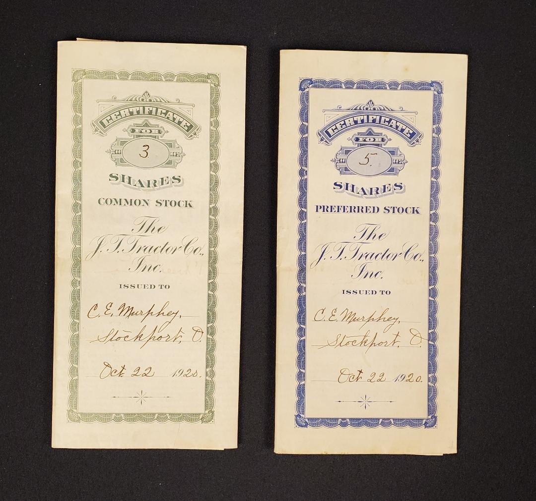 The J.T. Tractor Co.,Inc. New York Stock Certificates Common and Preferred 1920