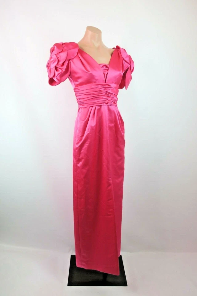 Lo último Vestido de Noche Rosa Manga Hinchada Satén Vestido Talla M Rosa Tafetán Vintage Años 80 Foto 4 de 4
