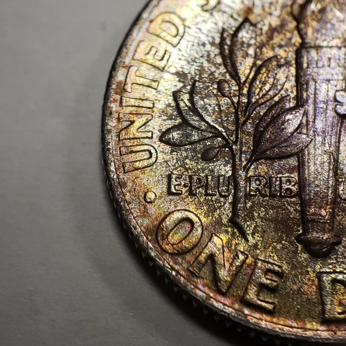 1964 10c Silver Roosevelt Dime - Rainbow Pattern Toning - BU - SKU-Y2001