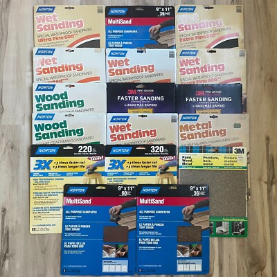 49 Sheets New Norton Paint Wood & Metal Sanding Sheets 9x11'' Mixed Grits Some 3M