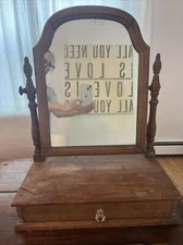 Antique VTG Wood Framed Vanity Shaving Stand Dresser Top Swivel Mirror + Drawer