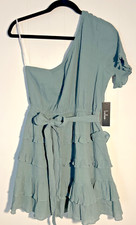 NWT Lulu's Blue Green Sage Dress One Shoulder Size Large Ruffles With Belt