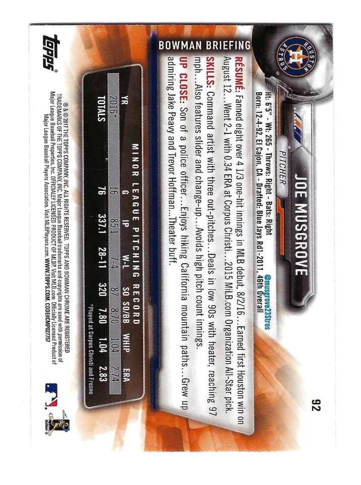 Joe Musgrove 2017 Bowman Chrome Mini Rookie #92 San Diego Padres Astros RC - Image 2 of 2