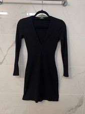 Reformation Eco Rib Black Dress with deep v neckline and long sleeves Size XS