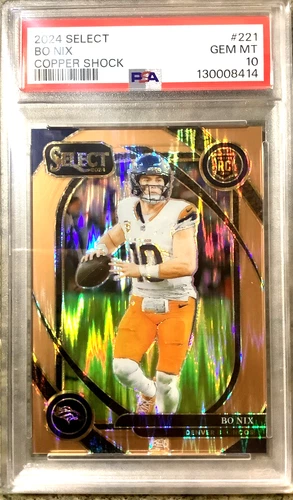 2024 Panini Select Bo Nix 69/299 Copper Shock Prizm RC Denver Broncos PSA 10