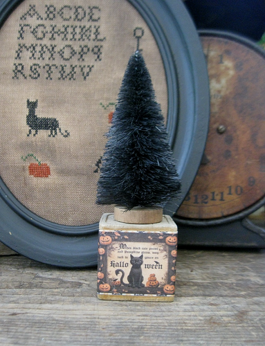 Antique Wood Alphabet ABC Block Bottle Brush Tree Halloween Cat