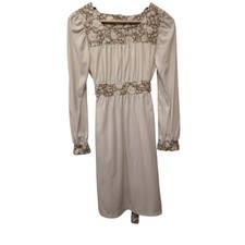 Vintage Floral Knee Length Dress Ivory Tie Waist Puff Sleeve Cottage 70s 80s