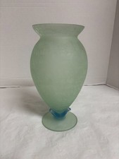 Vintage Frosted Green Crackle Glass Art Glass Vase w/ Blue Footed Base 8.5"
