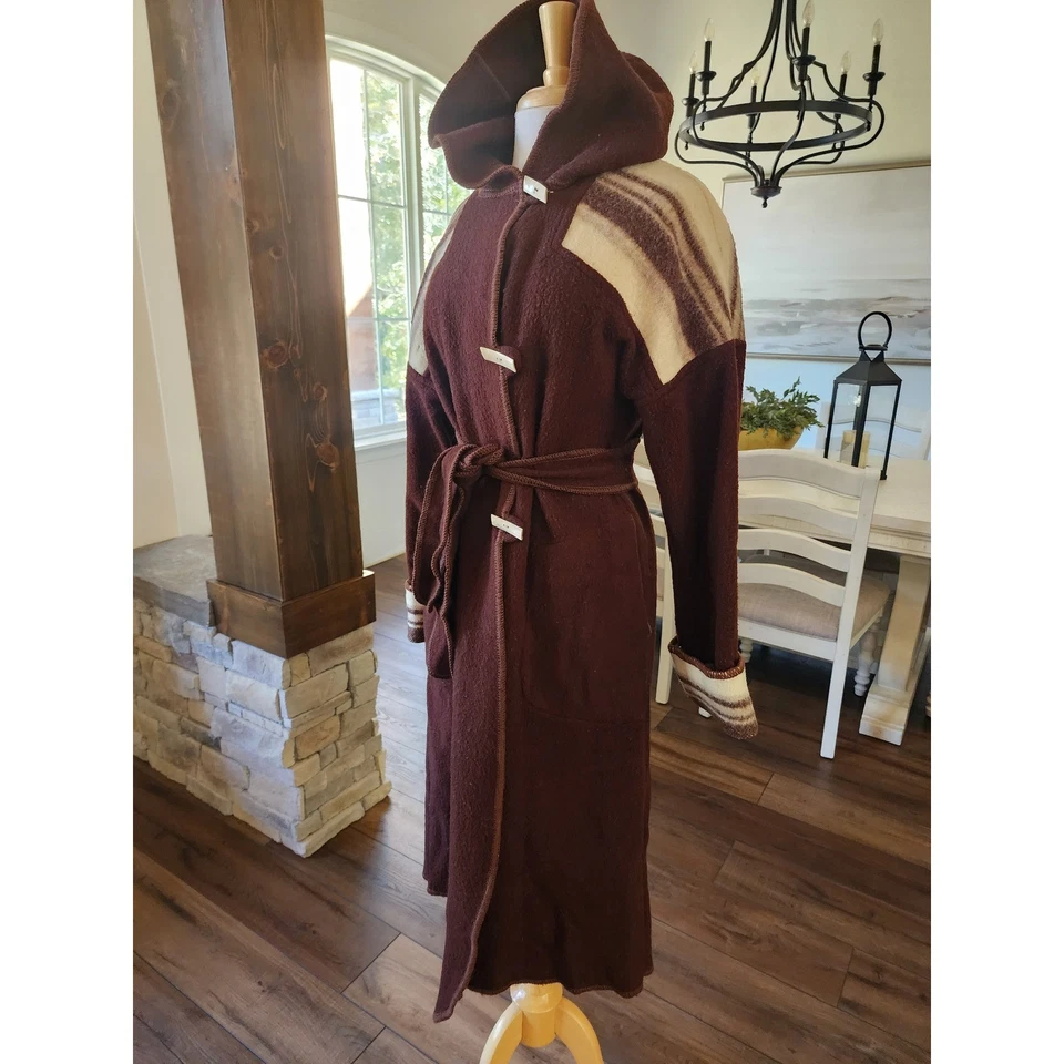 Manta de lana Western Mantessa vintage años 70 envolvente plumero capucha cinturón marrón rayas Foto 3 de 4