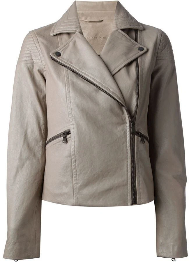 Chaqueta de motociclista Marc By Marc Jacobs para mujer Karlie Crop de cuero de cordero topo S Foto 2 de 4