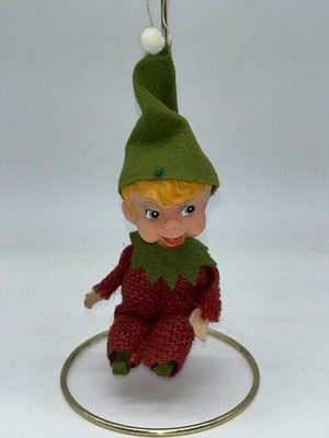 Vintage 1950 s Burlap Christmas Elf Pixie Shelf Sitter Holiday Ornament 2B