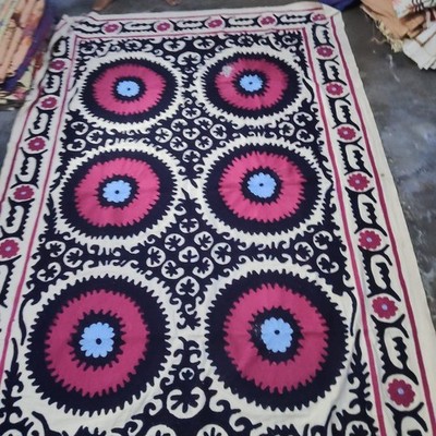 Boho Black Pink Embroidered Suzani Tapestry Floral Bedspread Coverlet Throw Rug