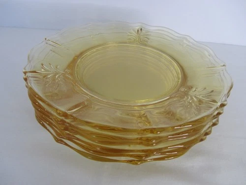 Lot of 6 Fostoria Baroque Topaz Yellow 7 3/8" Salad Plates Depression Glass NICE
