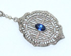 Edwardian 14K White Gold~Blue Sapphire~Pearls~ Peacock Feather~ Lavalier Pendant — photo 7