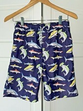 EUC LANDS END Boys L 14-16 Bathing Suit Swim Trunks Short SHARKS Blue Pool Beach