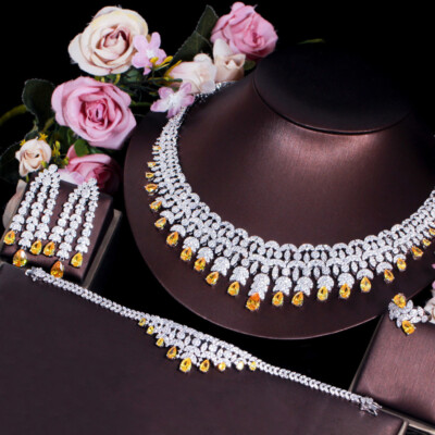 4pcs Topaz Cubic Zirconia Bridesmaid Dancing Party Necklace Earrings Jewelry Set