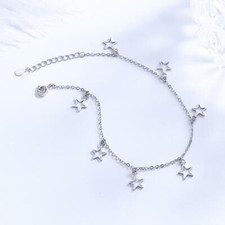 Womens Silver SP 7 Stars Charm Beaded Chain Foot Anklet