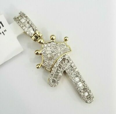 Massiver 10k Gelbgold Baguette Diamant Nummer 1 Krone Charm Anhänger 1/2 cttw 