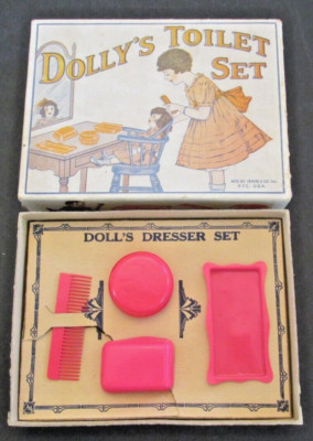 Vintage Dolly's Toilet Set Doll's Dresser Set Pink Childs Toy Hard Plastic Irwin