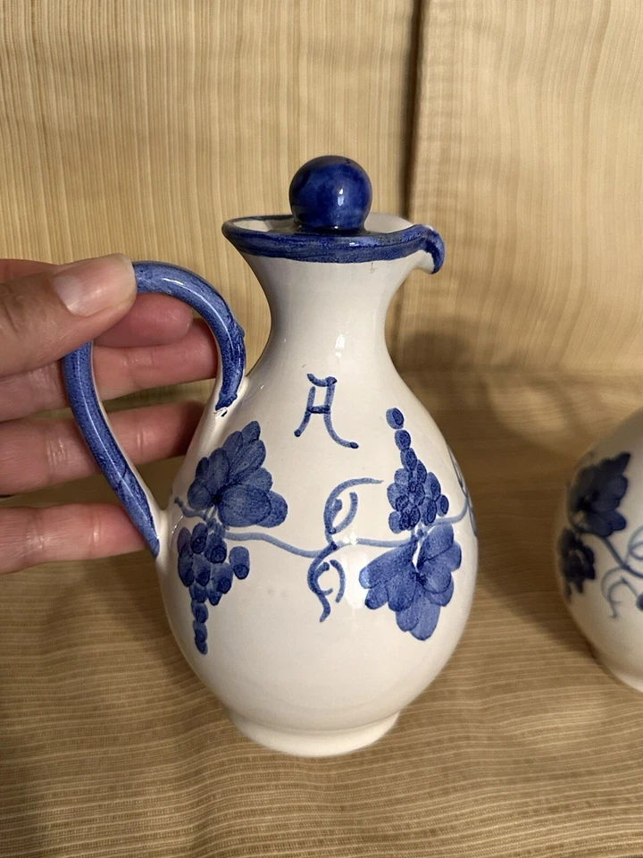Vintage French Oil and Vinegar Vessels- Set of 2 Blue And White 6” - Image 2 of 4
