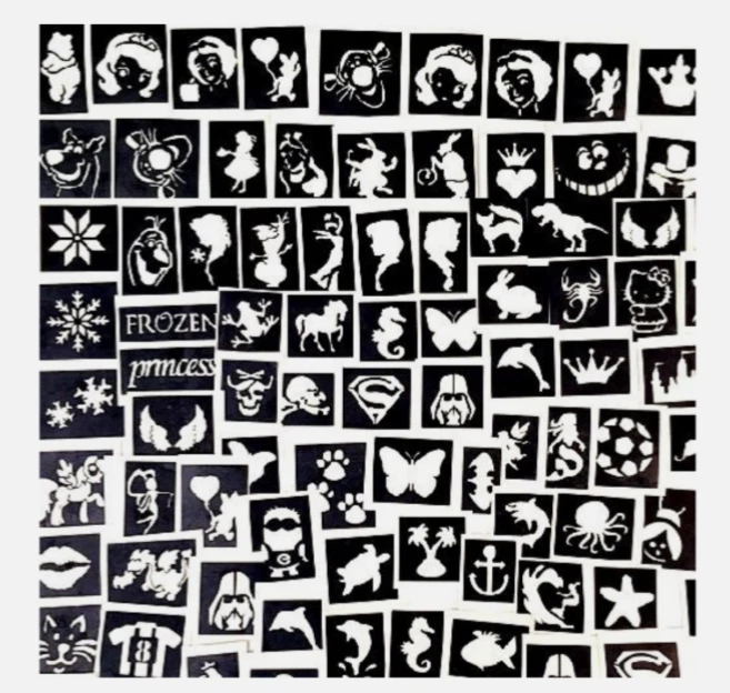 THE UNIQUE LITTLE GIFT SHOP 100 STENCILS TOP UP YOUR GLITTER TATTOO KIT a mix of boys girls OR seasonal