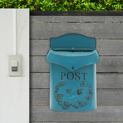Blue Iron Box Post Office Box External Letter Mail Wall Mount Mailbox Home