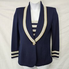 St John Evening Jacket Size 6 Navy Blue Gold Silver Embellished Button Santana