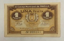 Banknote Maella 1 Peseta 1937 - Municipal Council Of Maella AU RARE