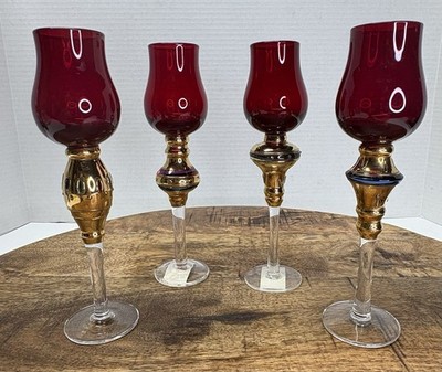 4 Vtg Bombay Company Romanov Ruby Gold Long Stem Cordial Glasses 7''