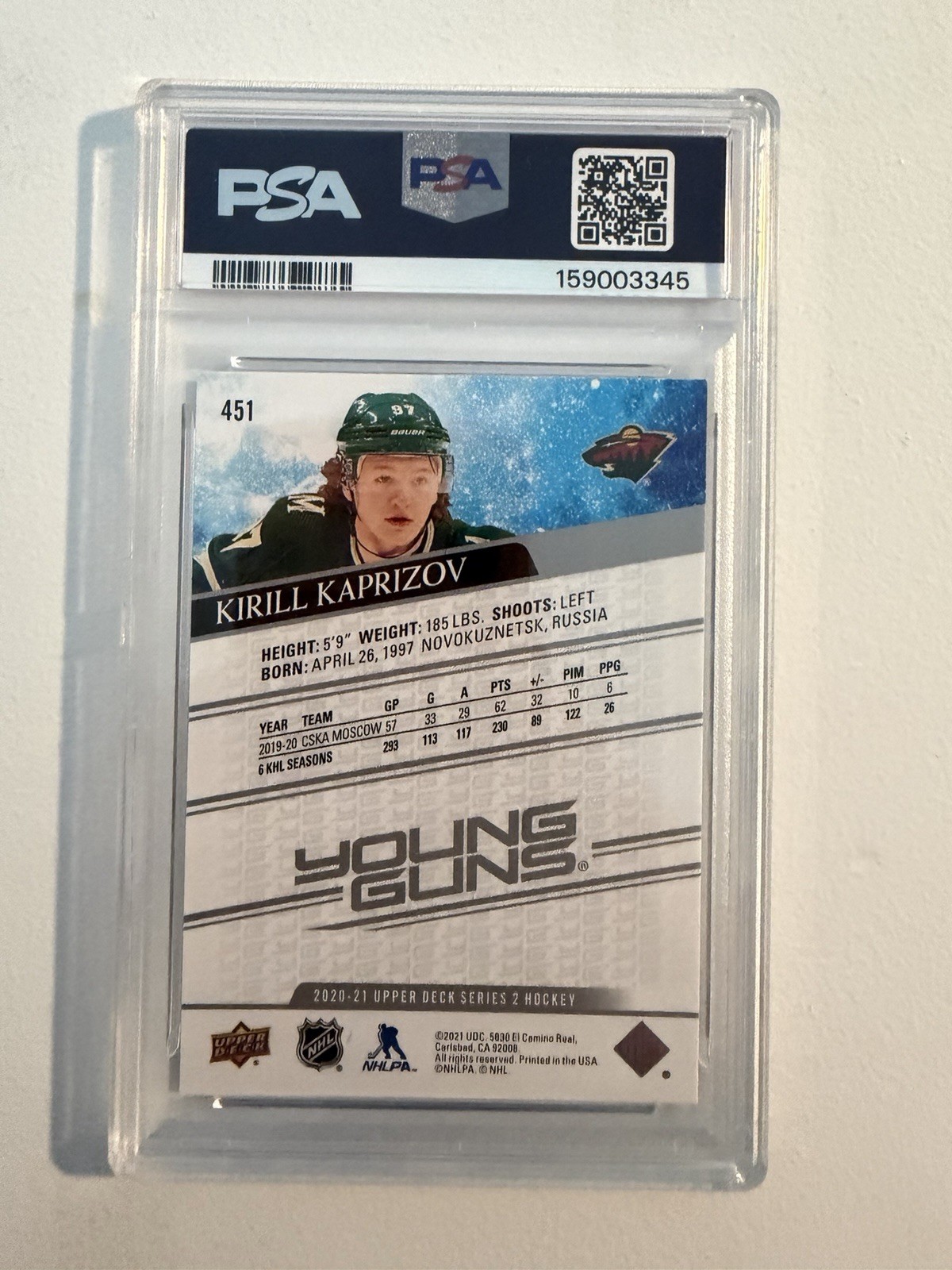 Upper Deck 2020-21 Series 2 Young Guns Kirill Kaprizov RC #451 PSA 9 view 2