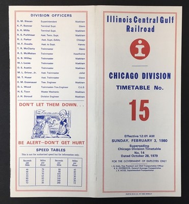 ILLINOIS CENTRAL GULF RAILROAD ETT TIMETABLE CHICAGO DIV. #15 02-03-1980