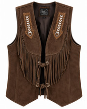Mens Leather Vest Brown Suede Cowboy Western Style Native American Beaded Fringe