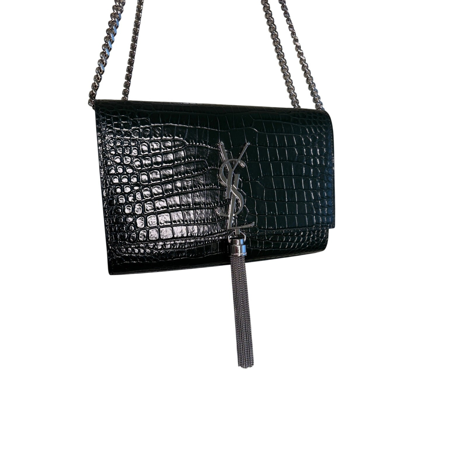Borsa Saint Laurent nuova senza etichette Kate Medium nappa goffrata in croc verde